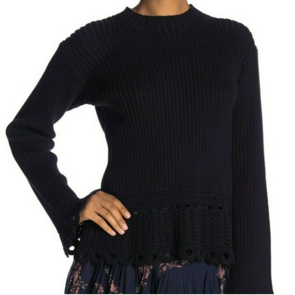 Derek Lam 10 Crosby Womens Crochet Knit Navy Blue Sweater XL Excellent Cond